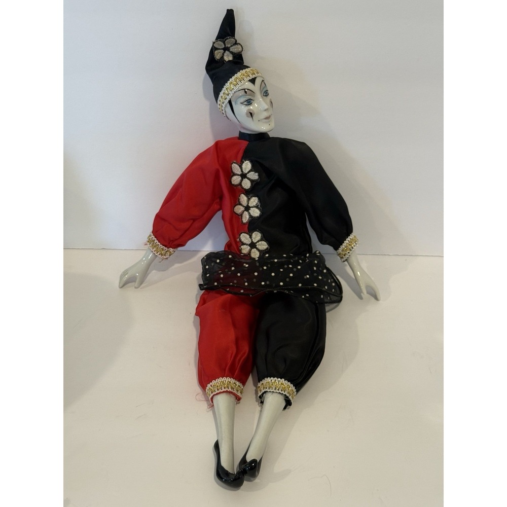 Vintage Pierrot Mime Harlequin Clown 18" Porcelain Jester Doll Red Black 1980s